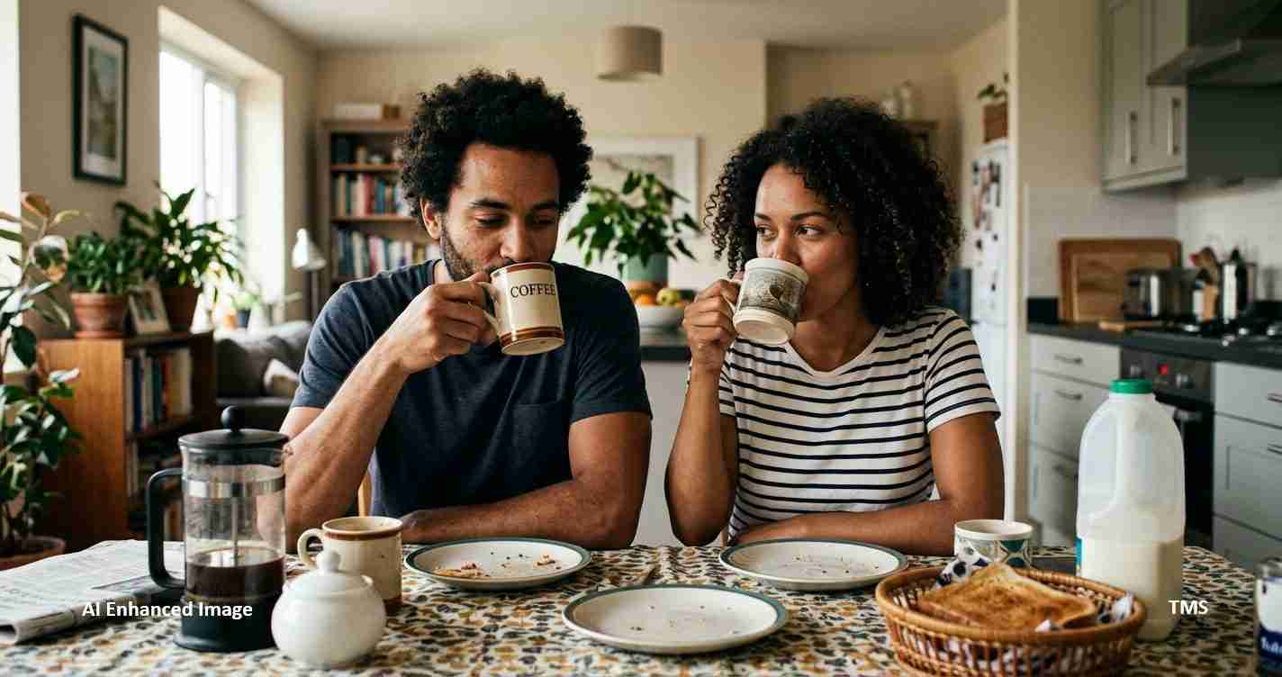 Two people sit at a dining table in a kitchen, sipping coffee from mugs with plates and a loaf of bread nearby.