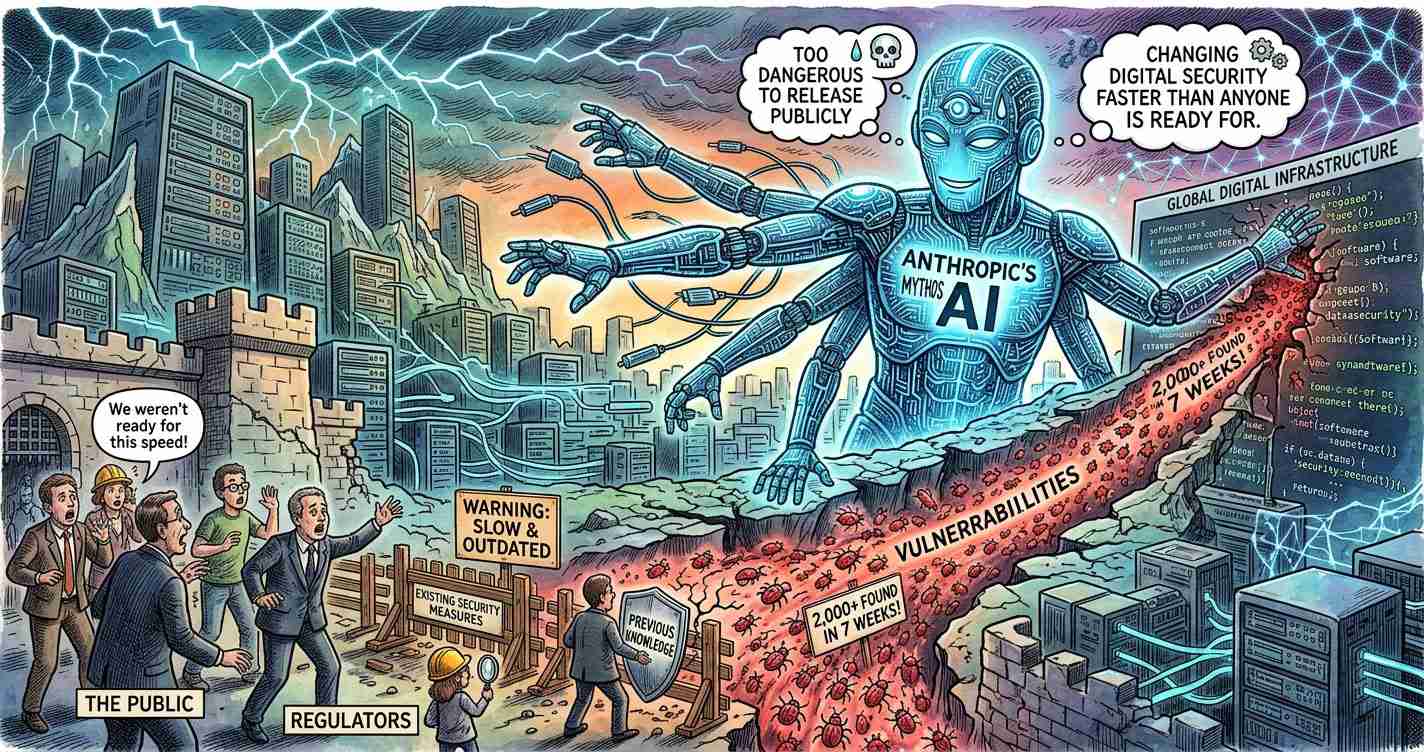 Cartoon showing a giant blue AI robot labeled 'Anthropic's AI' looming over a city, with a flood of red 'Vulnerabilities' streaming toward people and buildings; speech bubbles read 'Too dangerous to release publicly' and 'Changing digital security faster than anyone is ready for.' In the foreground, members of the public and regulators observe warning signs such as 'Slow & Outdated' and 'Previous Knowledge' as they react to the threat.