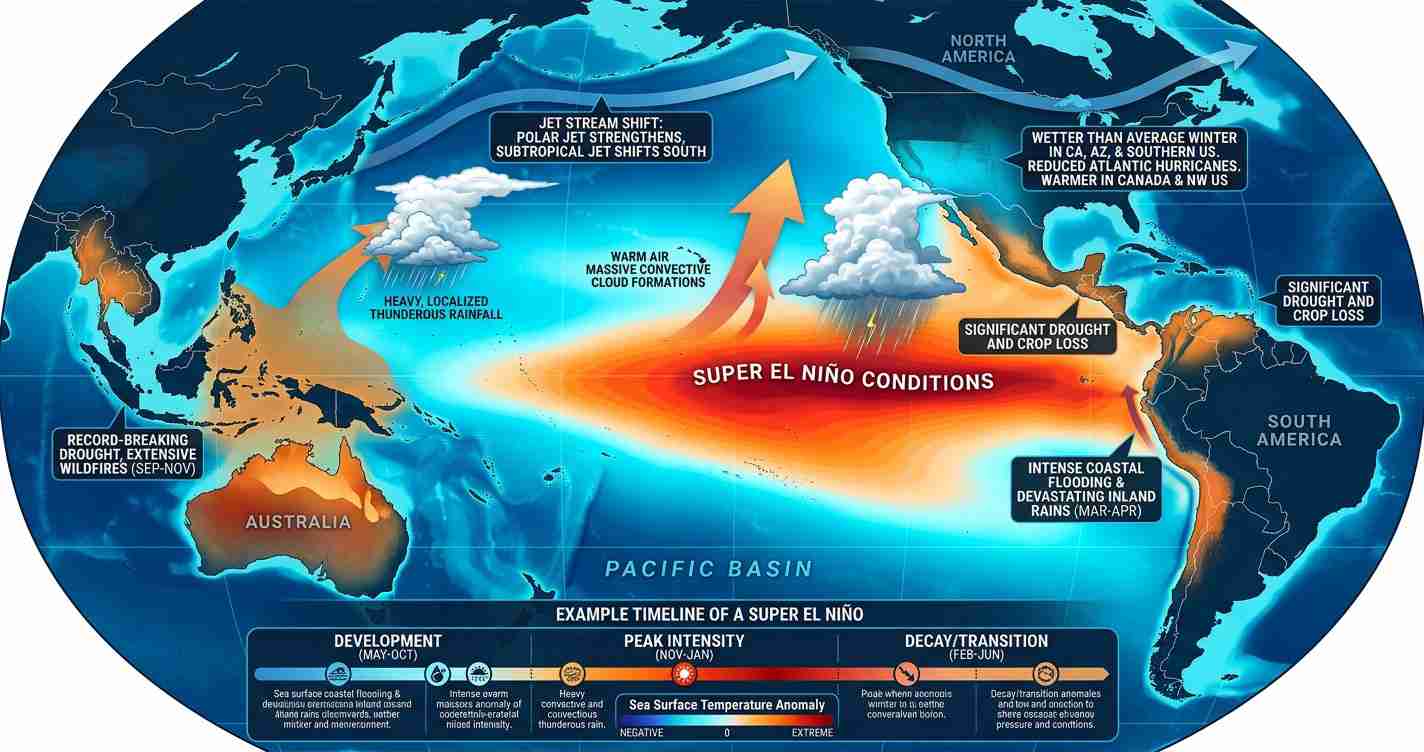 Infographic map showing a Pacific-wide El Niño with a hot central band labeled 'Super El Niño Conditions,' arrows and clouds indicating weather shifts, and notes about drought, rainfall, and coastal flooding; bottom timeline shows development to decay.