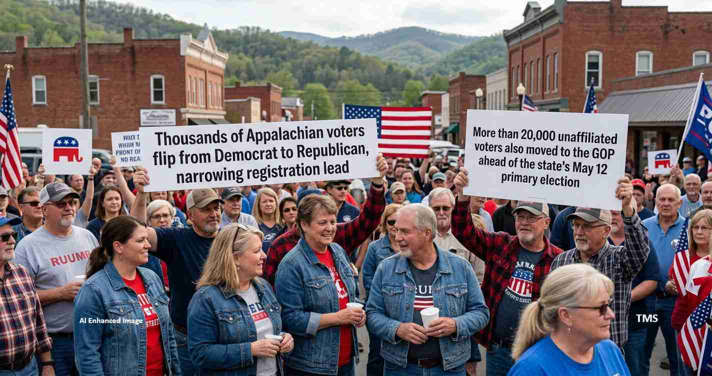 Crowd of people at a street rally holding large signs about voter registration and the GOP primary in a small town setting.