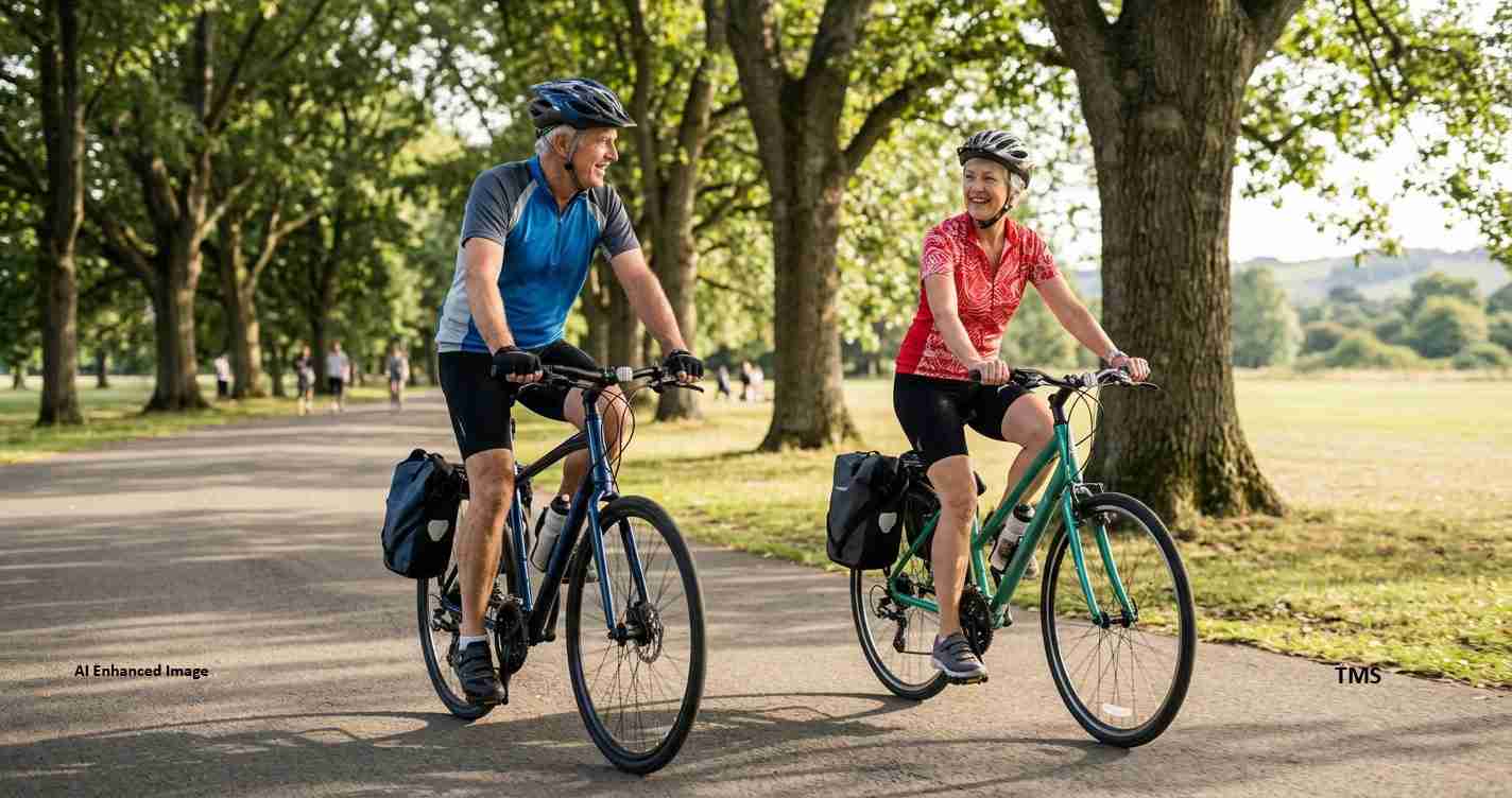 Two seniors ride bicycles with pannier bags along a tree-lined park path, smiling at each other.