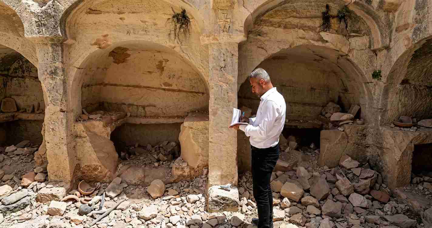 Man in white shirt studies notes inside an ancient ruined arcade, surrounded by rubble and stone shelves.
