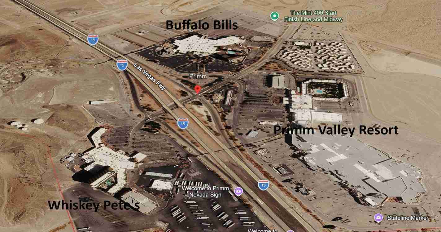Satellite map view of Primm, NV with I-15 running through; labels include Buffalo Bills, Primm Valley Resort, and Whiskey Pete's near desert terrain.