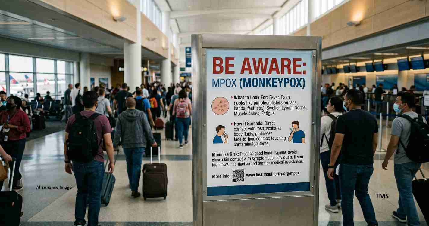 Airport concourse with a large health advisory sign about mpox (monkeypox) in the foreground as travelers walk by with luggageguarded by a metal information board.