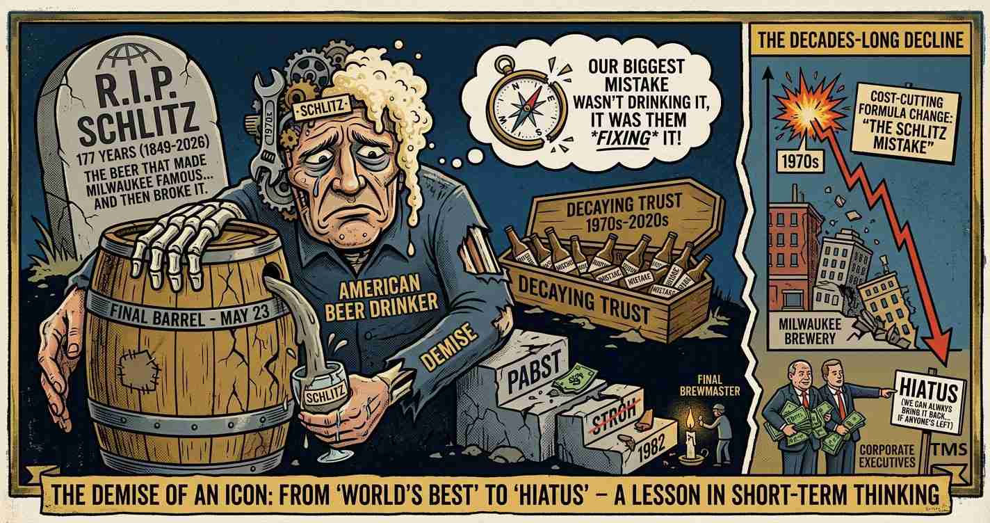 Satirical cartoon showing a weary beer drinker labeled 'American Beer Drinker' with Schlitz gear, pouring from a cracked final barrel as a tombstone-like Schlitz marker looms behind. The scene warns of 'Decaying Trust' in beer brands from the 1970s–2020s and a crate of decayed bottles labeled 'Decaying Trust.' The caption reads: 'The demise of an icon: from World's Best to Hiatus.'
