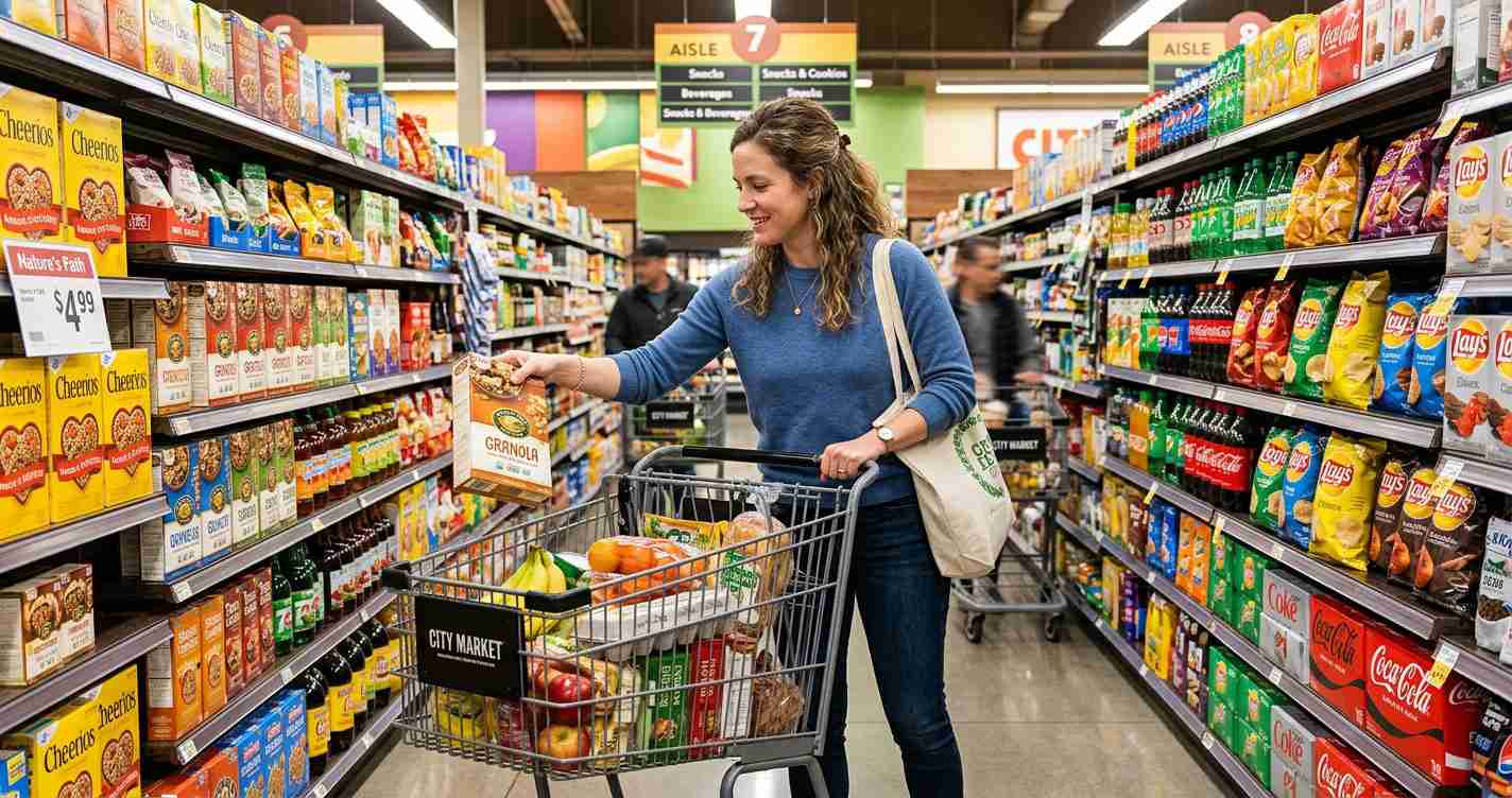 Woman in a blue sweater reaches for a granola box on a supermarket shelf while pushing a grocery cart full of items.”] ,
