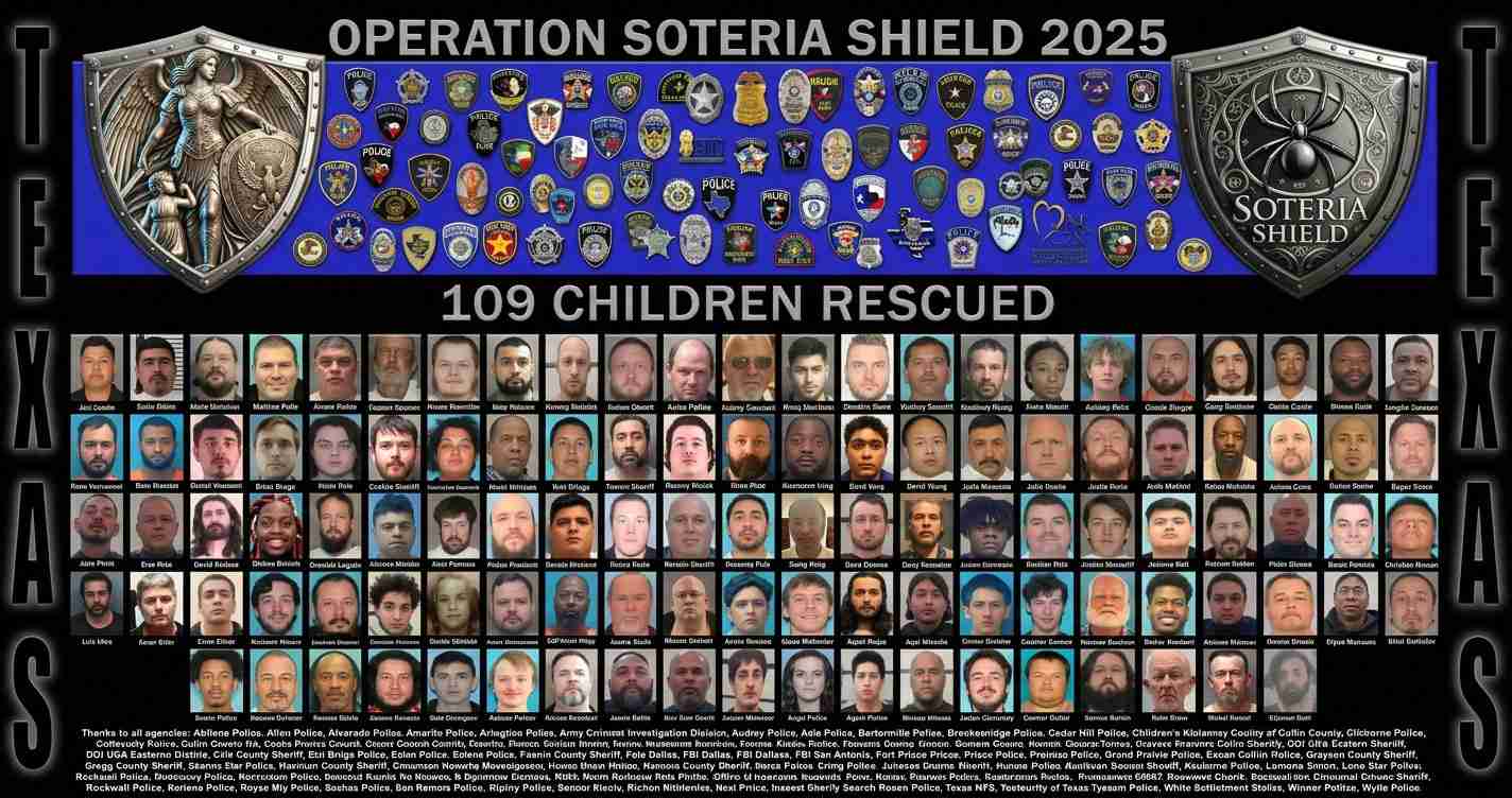 Infographic banner for Operation Soteria Shield 2025 showing rows of police badges and a grid of 109 portrait photos of rescued children and officers under the heading '109 Children Rescued'.