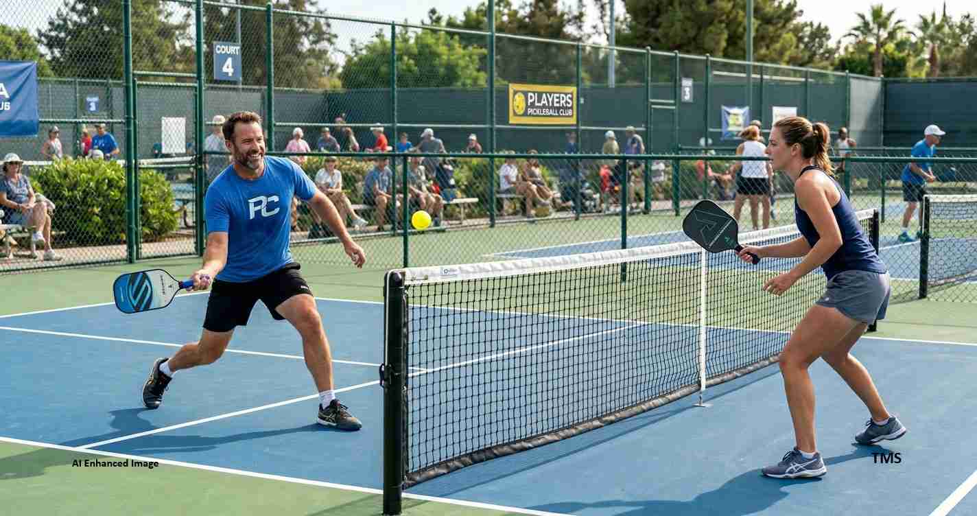 One-on-one pickleball match on a blue court, man returning a shot toward a woman at the net as spectators watch behind the fence.