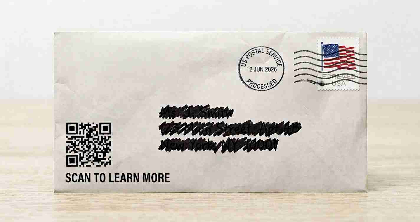 White envelope on a light wooden surface featuring a QR code and bold 'SCAN TO LEARN MORE' text, plus a US flag stamp and a circular postmark.