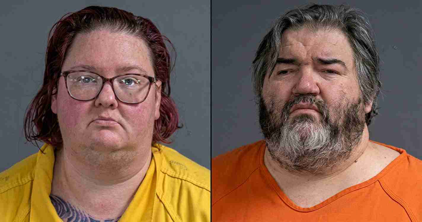 Split image showing two mugshots: left is a woman with red hair and glasses in a yellow jail jumpsuit; right is a bearded man in an orange jumpsuit.