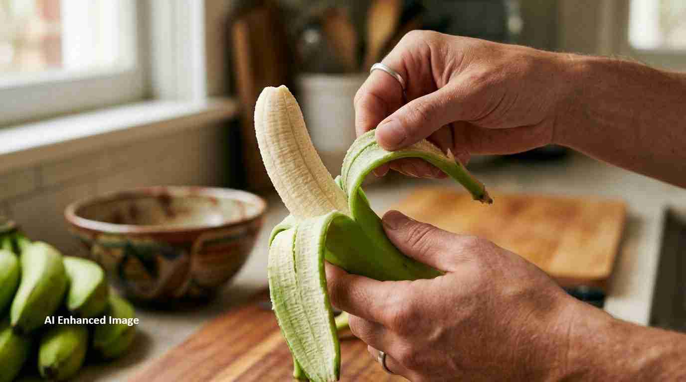 Hands peeling a banana in a kitchen, with a cutting board and bowl in the background.