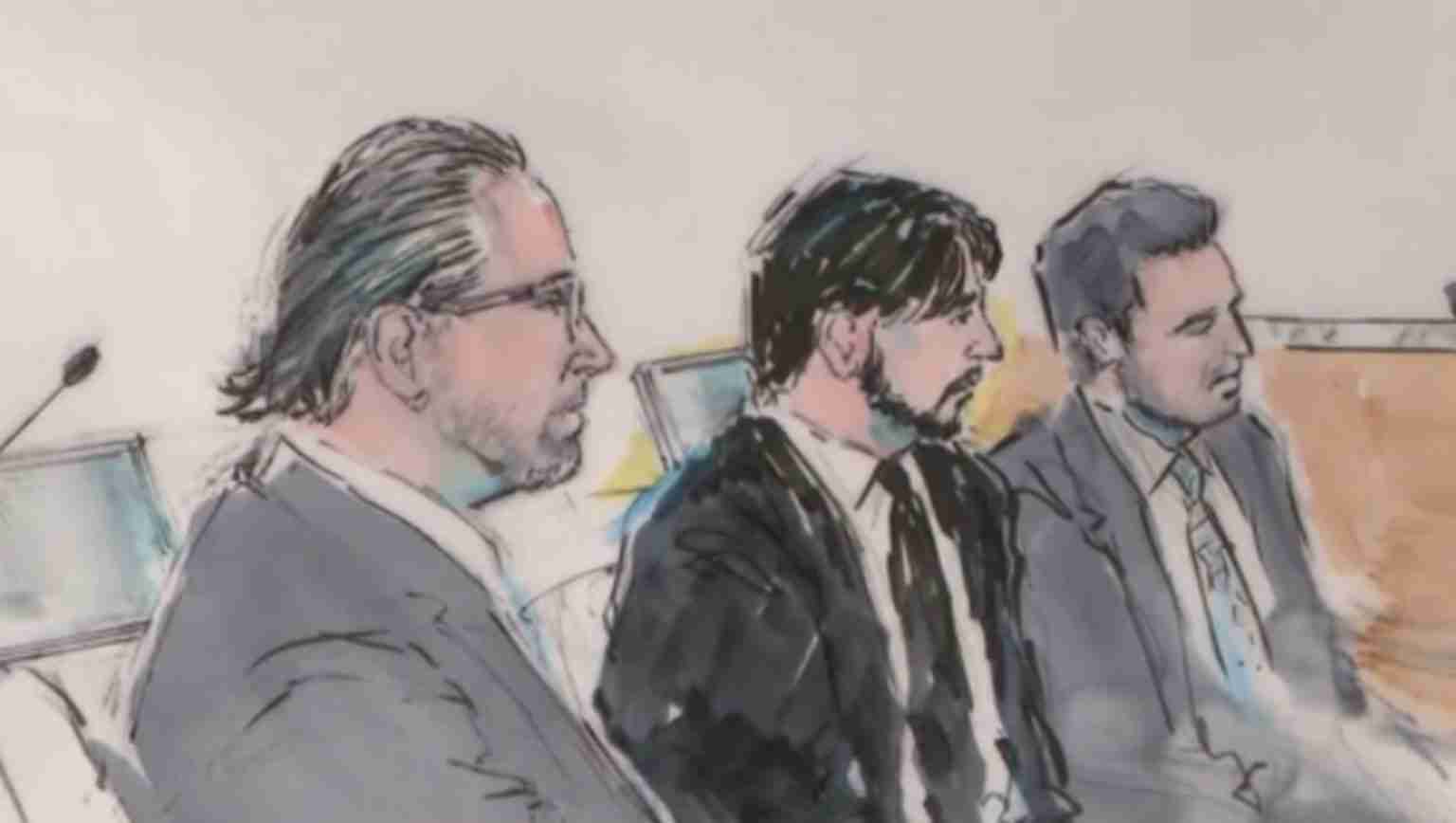 Three suited men seated at a panel, sketched in a loose, watercolor-style illustration.