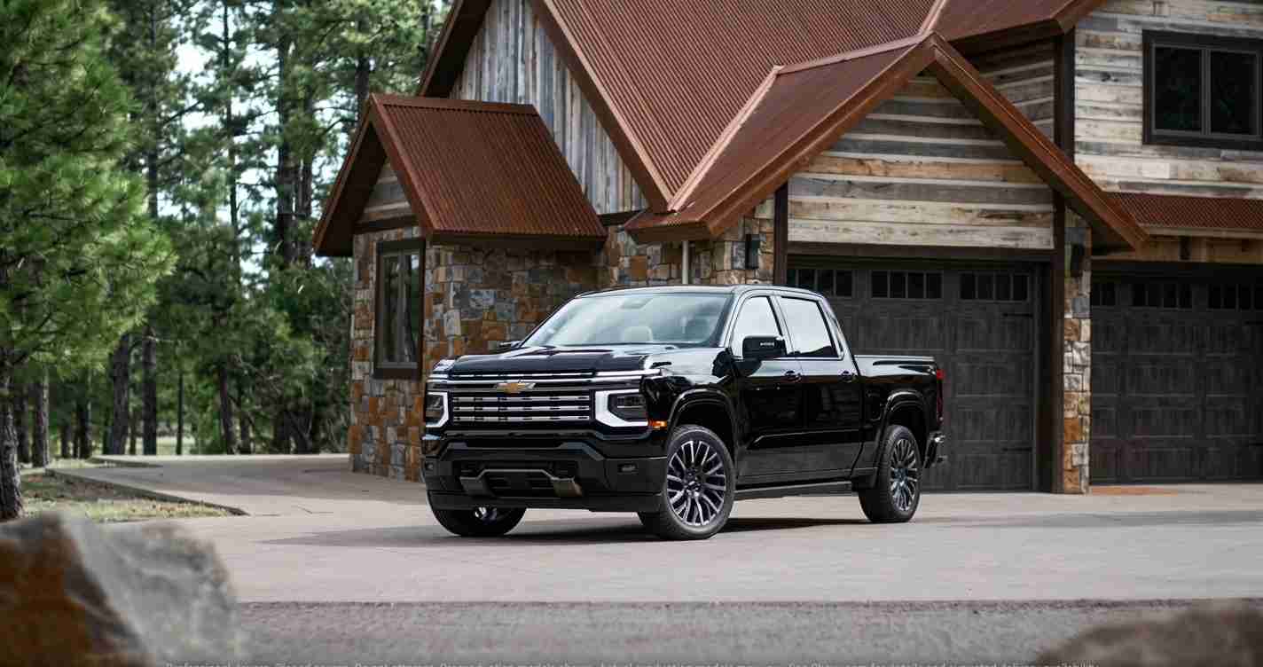 Black Chevrolet pickup truck parked in a driveway in front of a rustic stone-and-wood house with a corrugated metal roof.