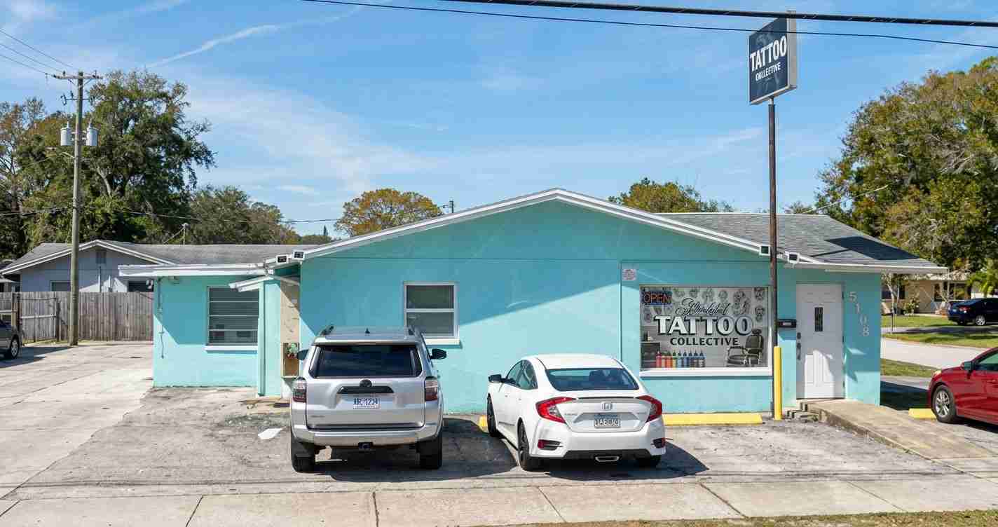Turquoise single-story tattoo shop with a large window reading Tattoo Collective; two cars parked in front on a sunny day.