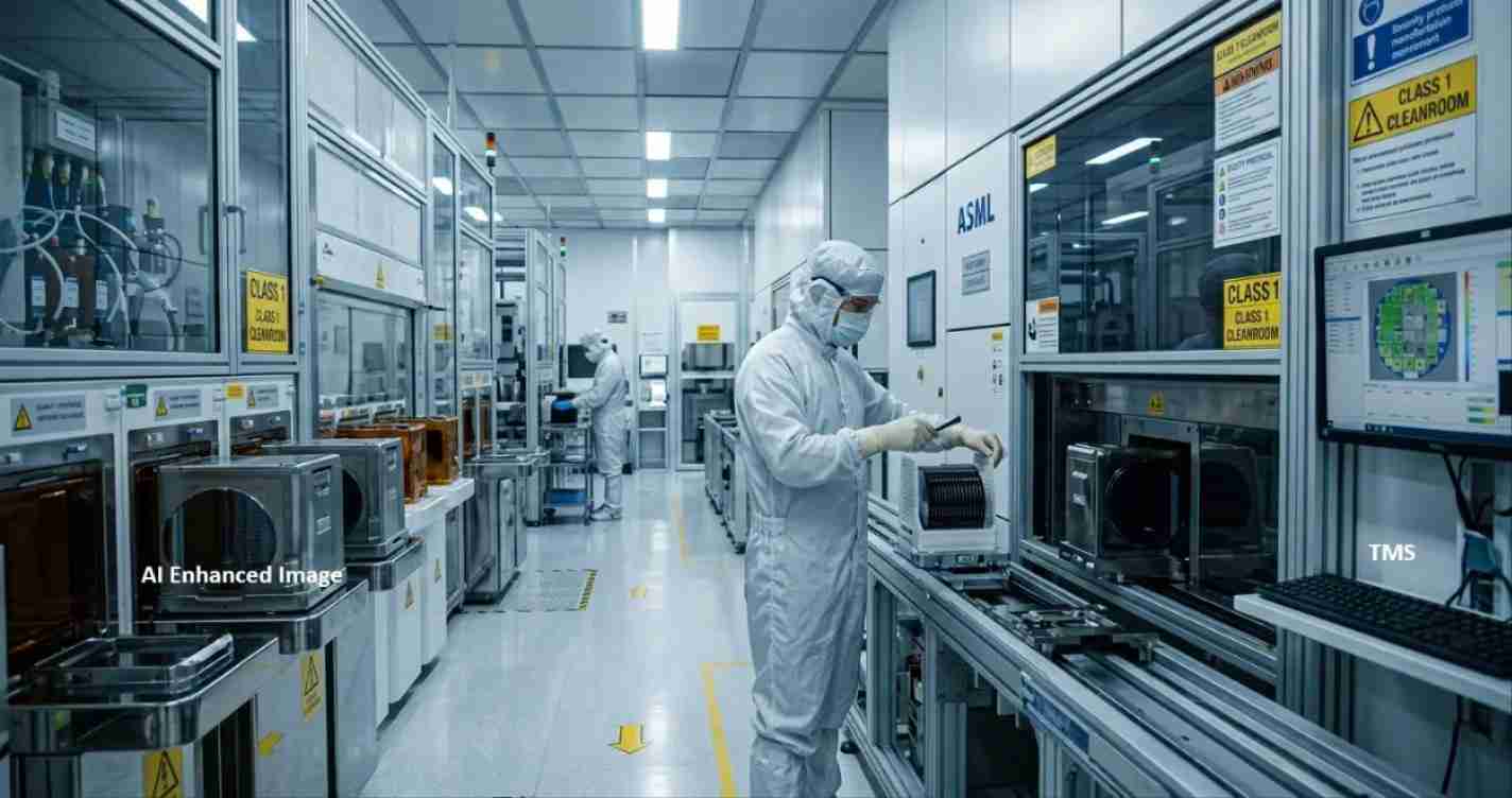 Scientists in cleanroom suits work at automated manufacturing equipment on a sterile electronics assembly line.