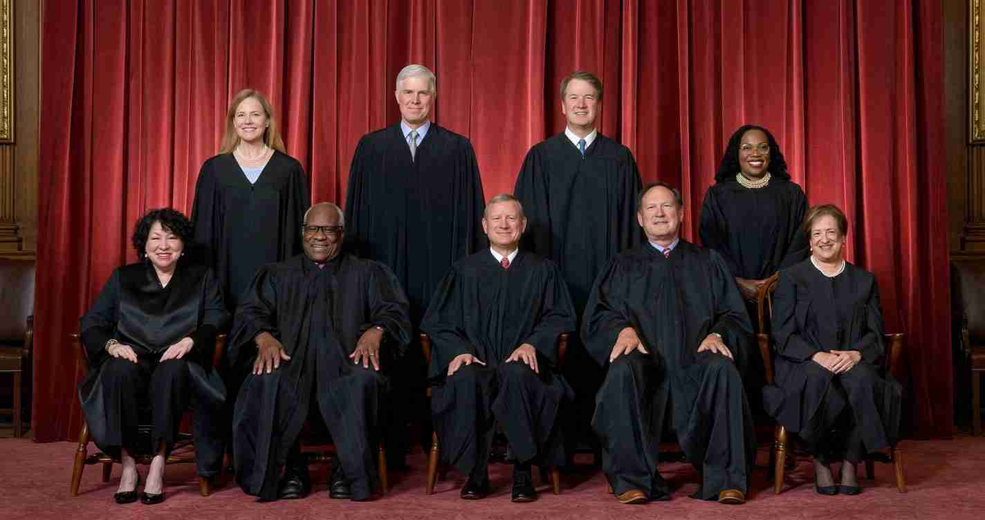 Nine judges in black robes pose for a formal group portrait in front of red courtroom curtains, with a mix of seated and standing members.