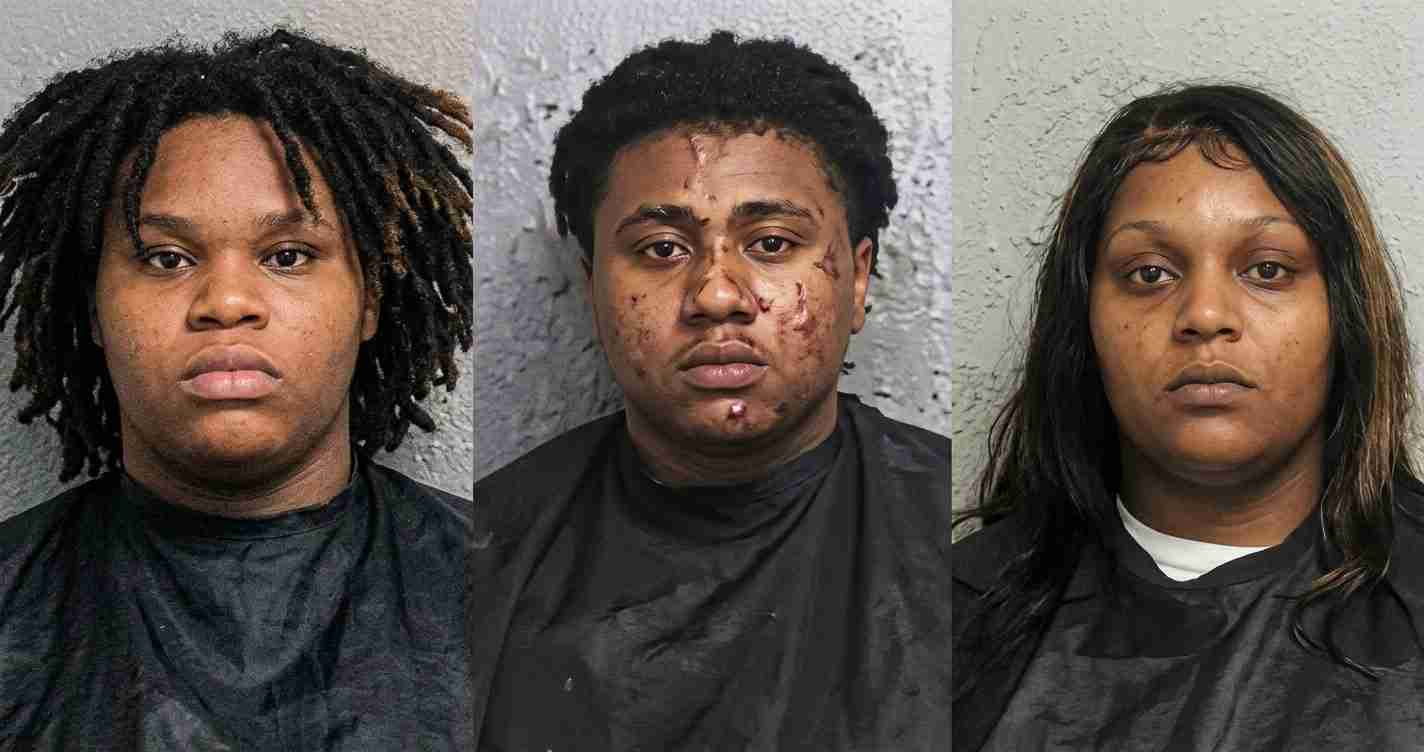 Three mugshots of individuals with neutral expressions, each wearing a dark gown against gray walls (left: woman with dreadlocks, middle: man with facial injuries, right: woman with long hair).