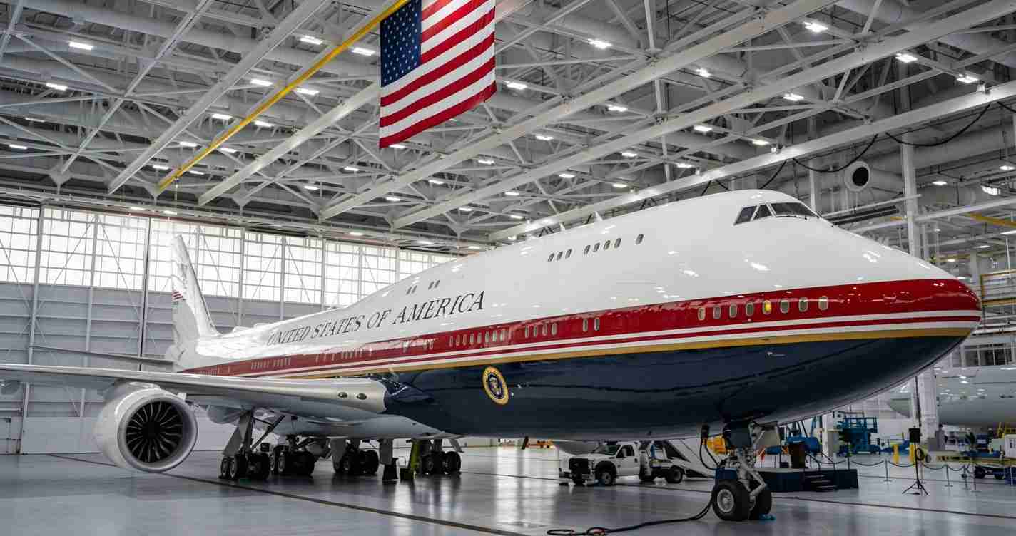 Air Force One, a white and blue presidential aircraft with a red stripe, parked inside a large maintenance hangar beneath an American flag.