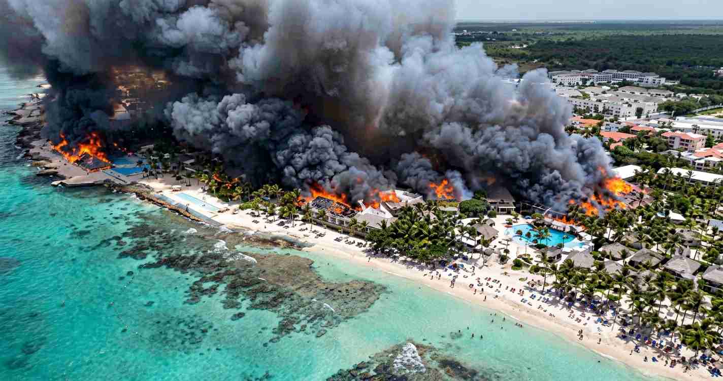 Aerial view of a beachside resort on fire with thick black smoke rising above the buildings.