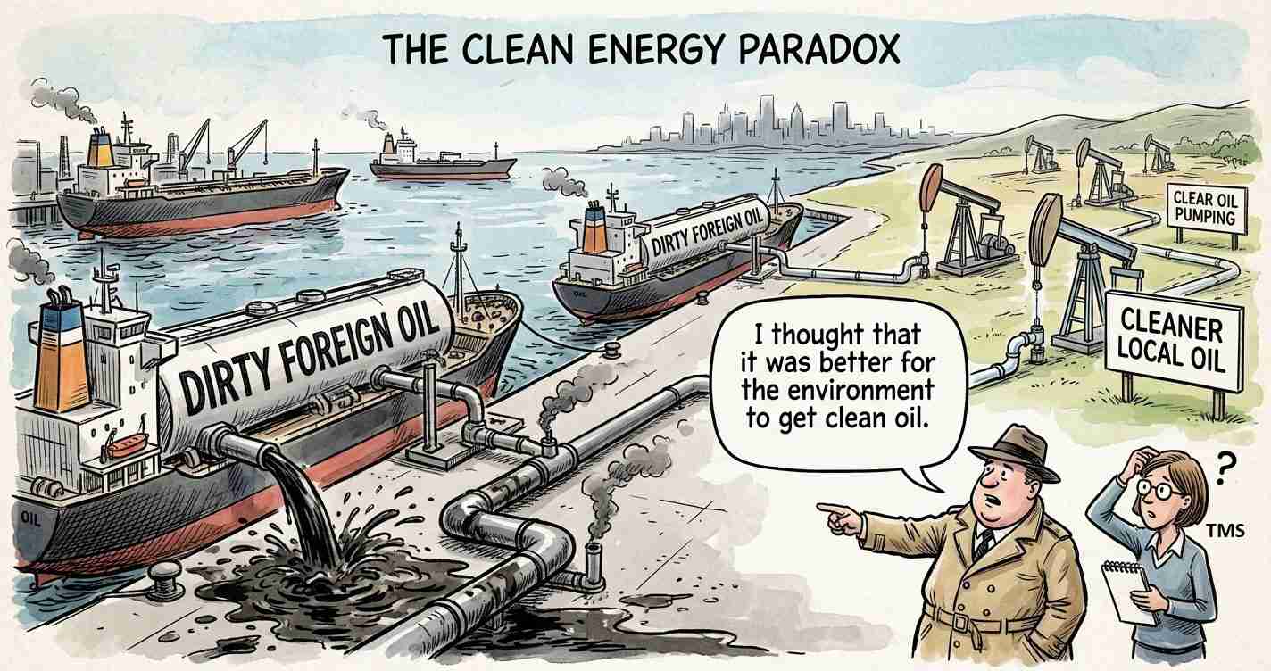 Oil tankers labeled Dirty Foreign Oil are dumping pollution into the sea; a pipeline spews dark sludge while a man and a researcher discuss cleaner local oil nearby (parody cartoon).