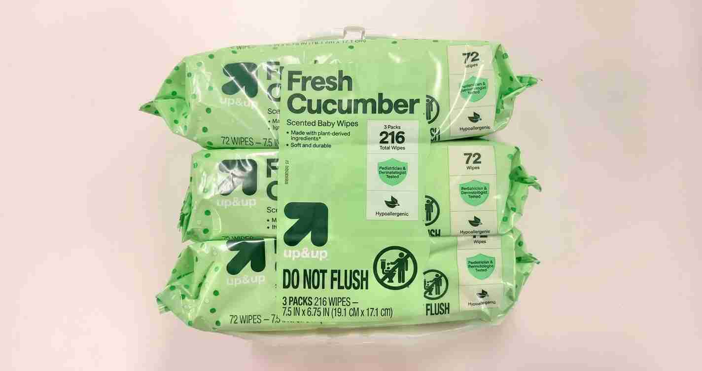 Three-pack bundle of Fresh Cucumber scented baby wipes in bright green packaging, 72 wipes per pack, not flushable.