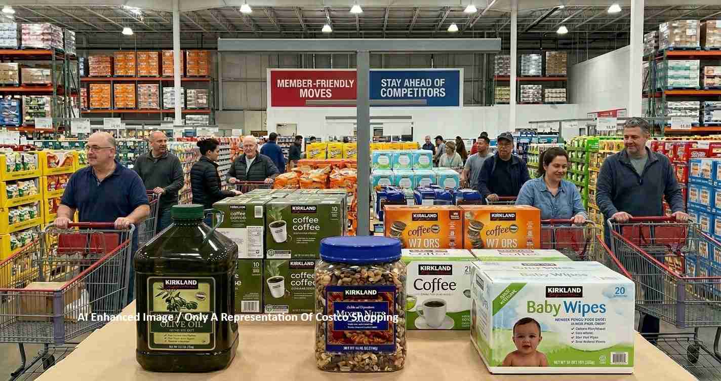 Shoppers push carts through a Costco-style warehouse aisle filled with bulk groceries (coffee, nuts, baby wipes) on display in the foreground.
