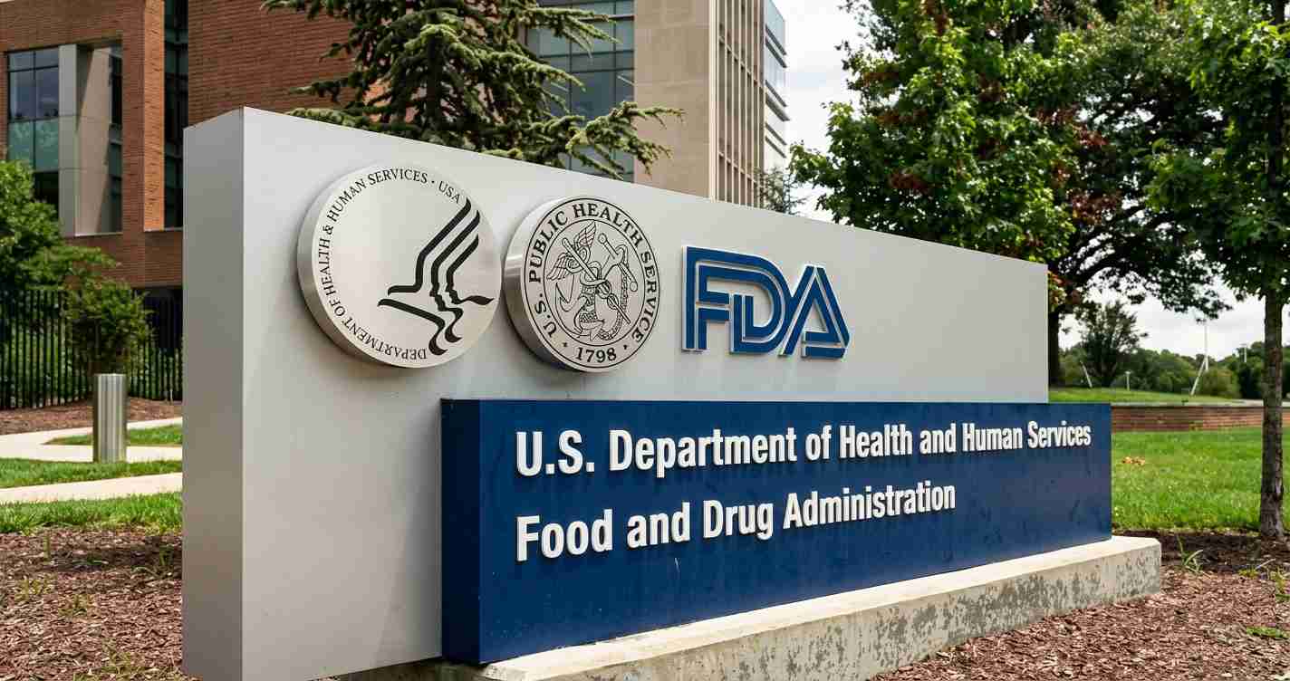 FDA sign on a gray monument with official seals and a blue panel reading 'U.S. Department of Health and Human Services Food and Drug Administration'
