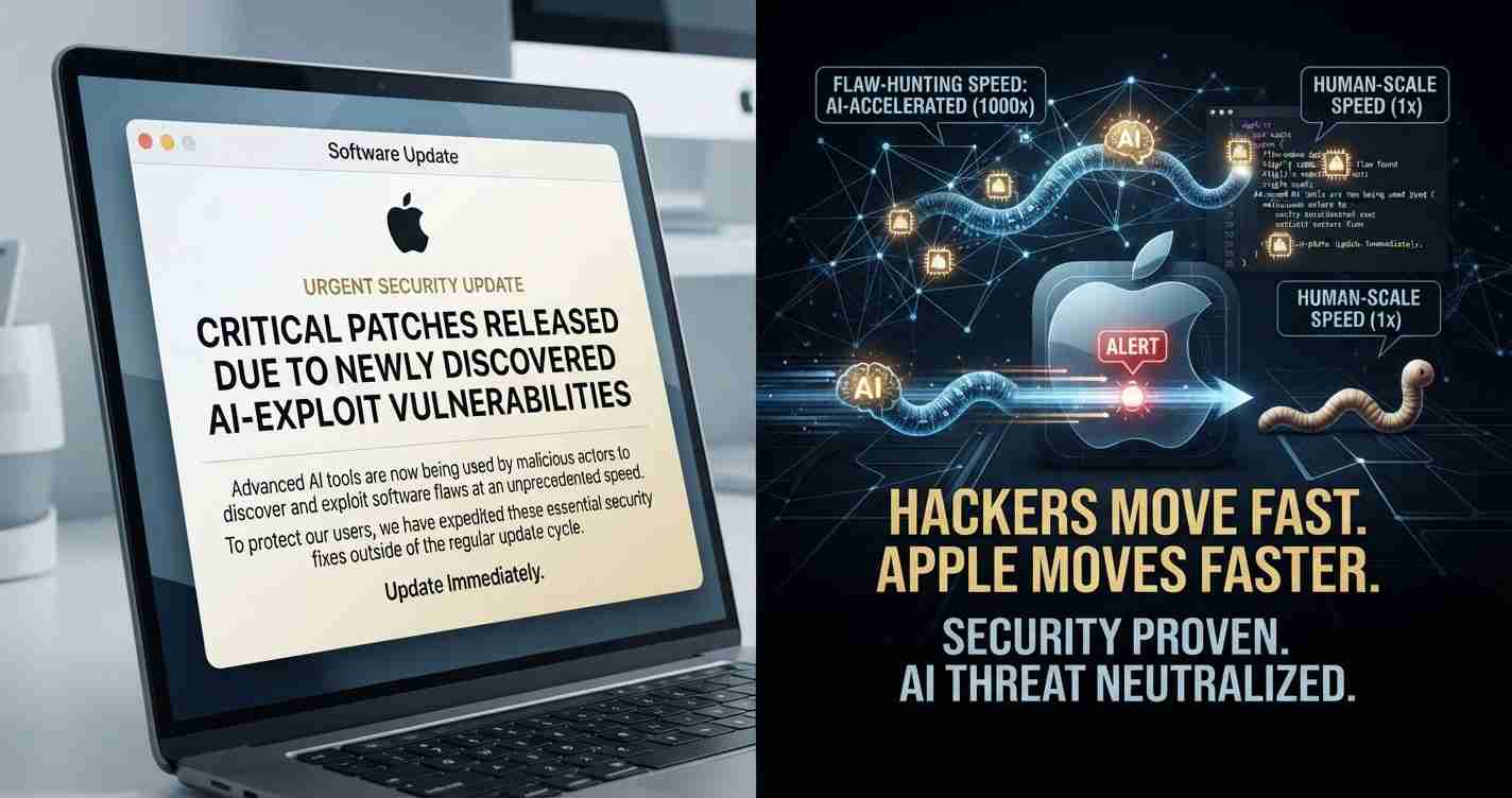 Split image: Left side shows a Mac laptop with an urgent security update banner about AI-exploit vulnerabilities. Right side shows a dark poster stating 'Hackers move fast. Apple moves faster. Security proven. AI threat neutralized.'