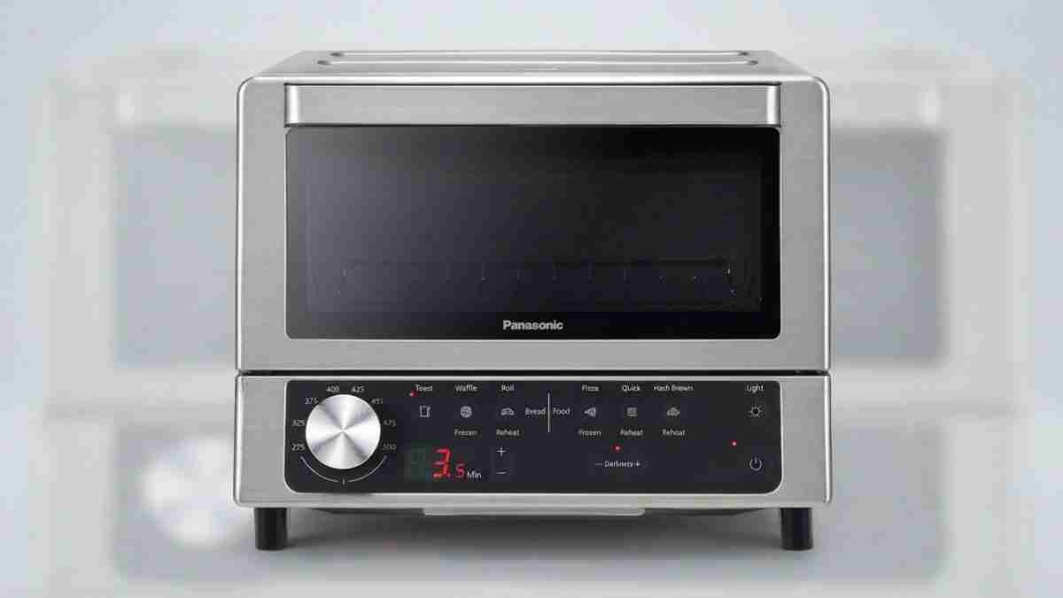 Panasonic stainless steel microwave oven with a black windowed door and bottom control panel.