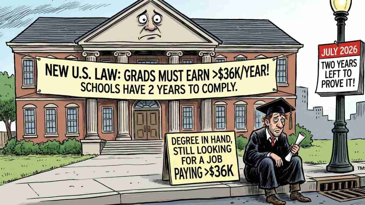 Political cartoon: a brick university building with a banner claiming grads must earn over $36K/year and schools have 2 years to comply; a suited graduate sits nearby with a diploma, looking discouraged, while a second sign on the lawn emphasizes debt-to-job mismatch.