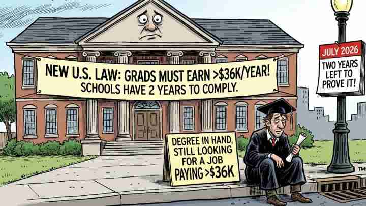 Political cartoon: a brick university building with a banner claiming grads must earn over $36K/year and schools have 2 years to comply; a suited graduate sits nearby with a diploma, looking discouraged, while a second sign on the lawn emphasizes debt-to-job mismatch.