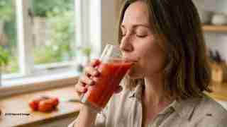 A woman sipping a red smoothie from a tall glass in a bright kitchen, with tomatoes on the counter nearby.