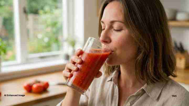 A woman sipping a red smoothie from a tall glass in a bright kitchen, with tomatoes on the counter nearby.