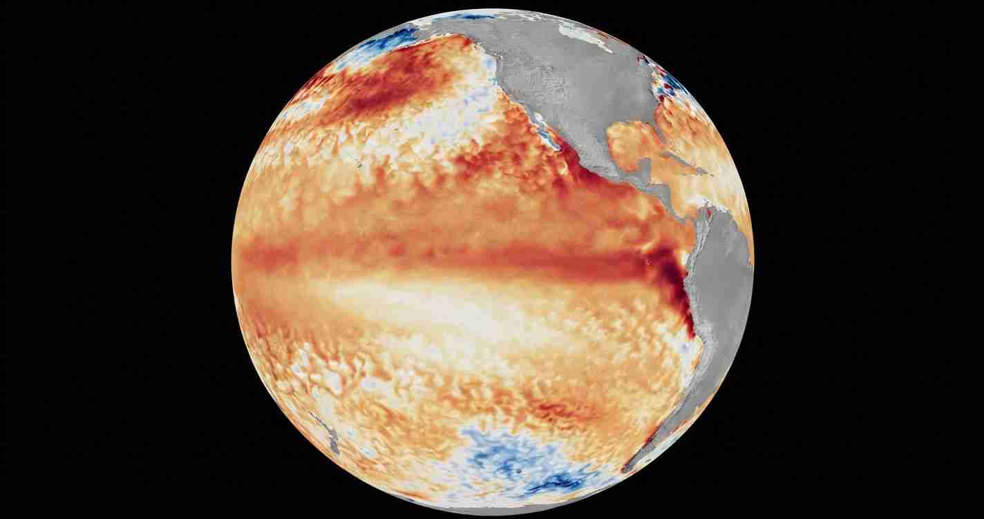 Earth globe showing ocean temperatures in red/orange thermal bands on a black background