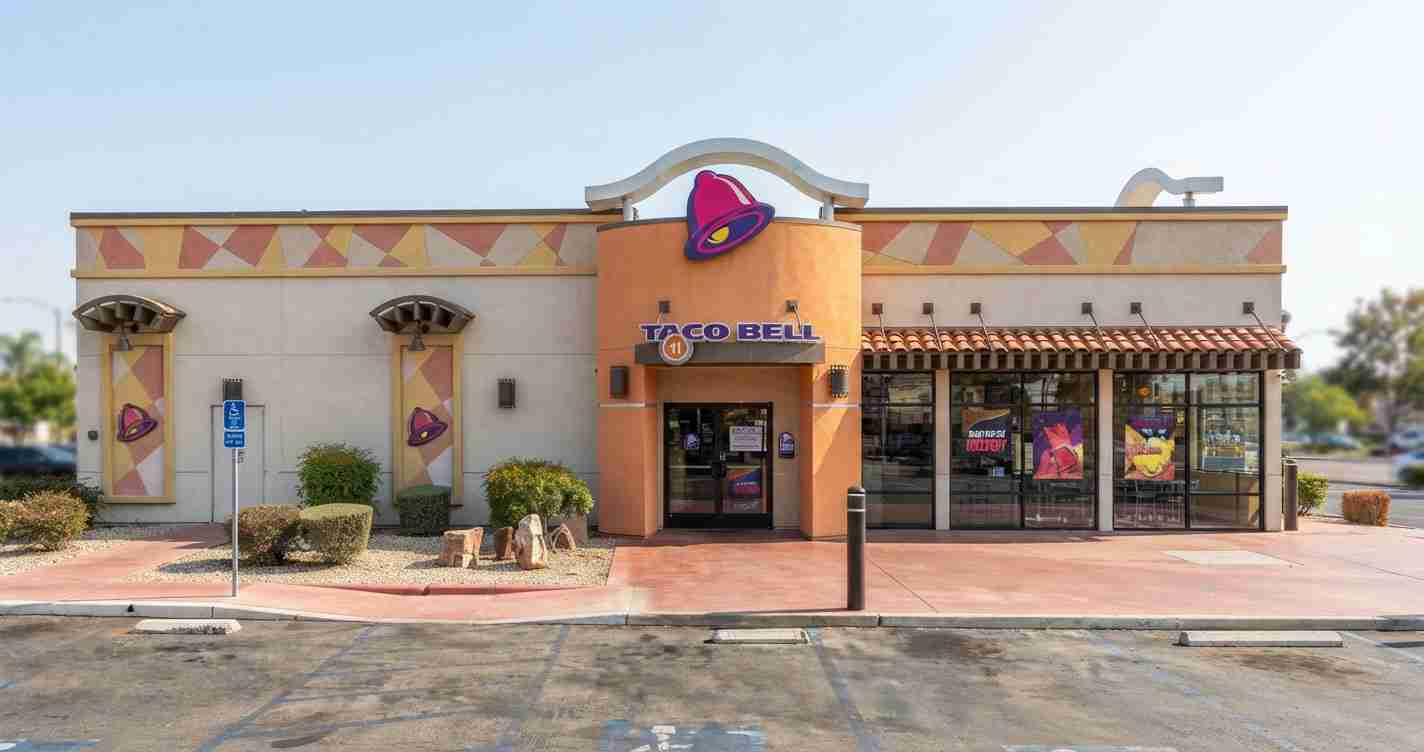 Taco Bell fast-food restaurant exterior with a peach-colored entrance, purple bell logo, and large glass storefronts; parking lot in front.