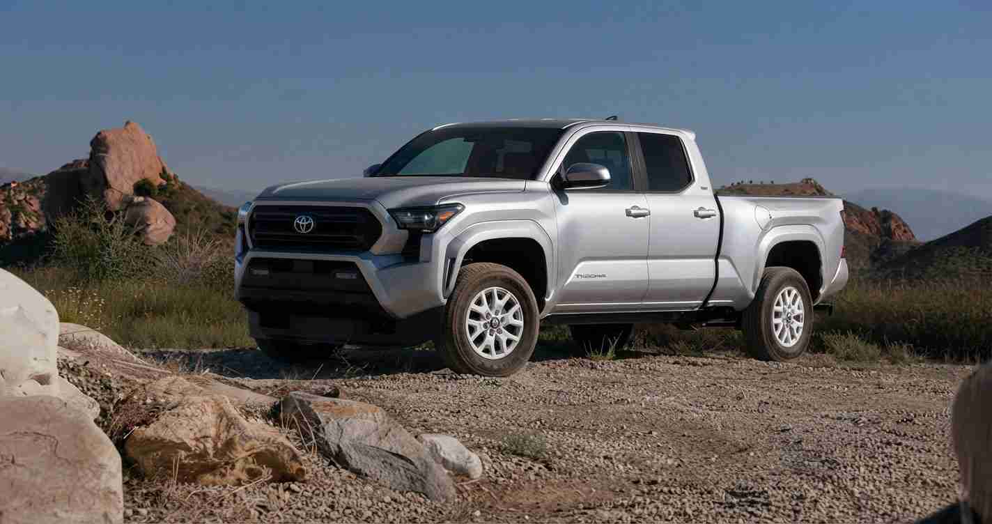 Silver Toyota pickup truck parked on a rocky desert trail with boulders and scrubby vegetation.