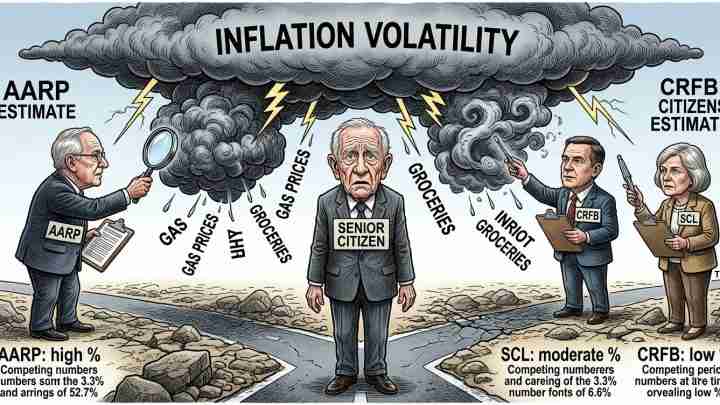 Political cartoon showing a worried senior citizen under a dark cloud labeled 'Inflation Volatility' with rays pointing to labeled items like gas prices and groceries, as figures representing AARP and CRFB compare estimates.