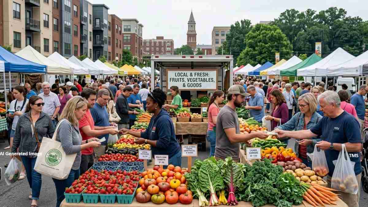 Crowded outdoor farmers market with colorful produce stalls and shoppers selecting fruits and vegetables.