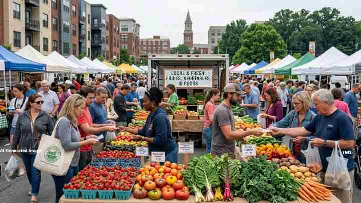 Crowded outdoor farmers market with colorful produce stalls and shoppers selecting fruits and vegetables.