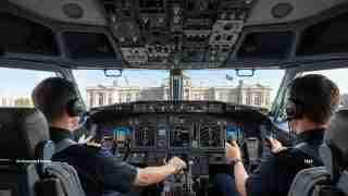 Two pilots sit in a modern passenger jet cockpit, surrounded by flight instruments and control panels, with an airport terminal visible through the windshield outside.
