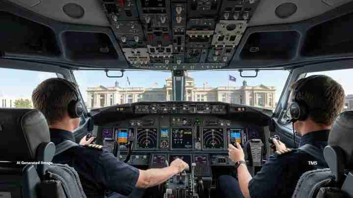Two pilots sit in a modern passenger jet cockpit, surrounded by flight instruments and control panels, with an airport terminal visible through the windshield outside.