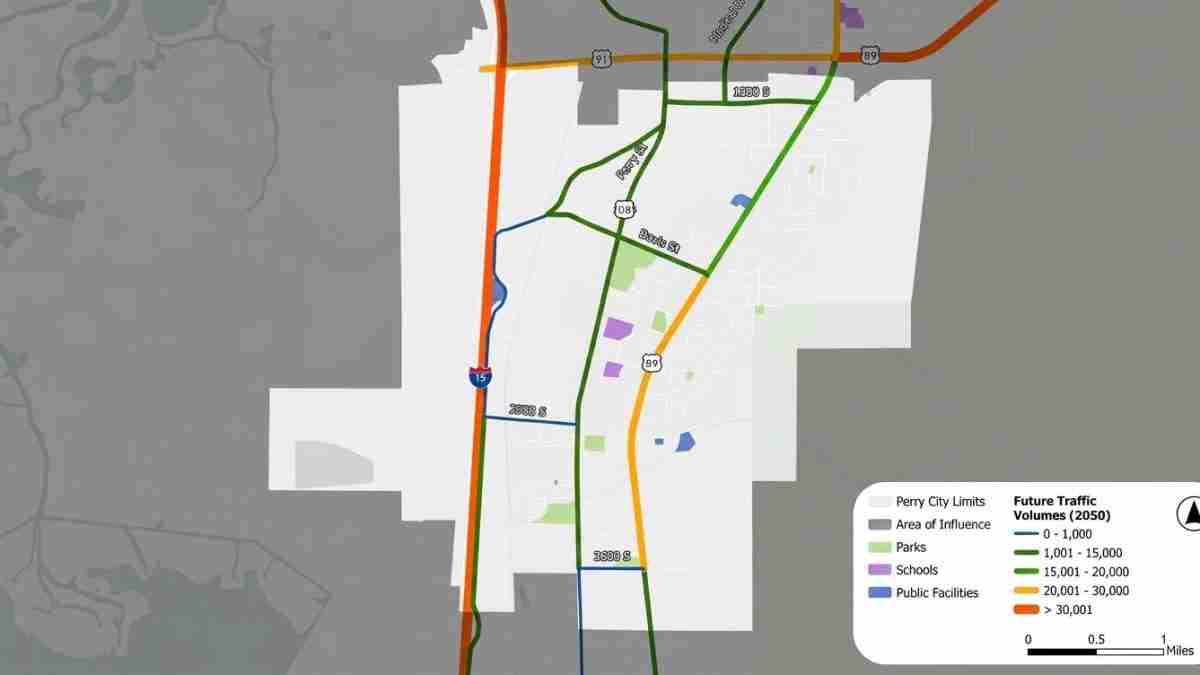 Map of Perry city limits showing future traffic volumes by road; color-coded lines indicate volume ranges from 0 to >30,000, with a legend in the corner.