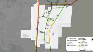 Map of Perry city limits showing future traffic volumes by road; color-coded lines indicate volume ranges from 0 to >30,000, with a legend in the corner.
